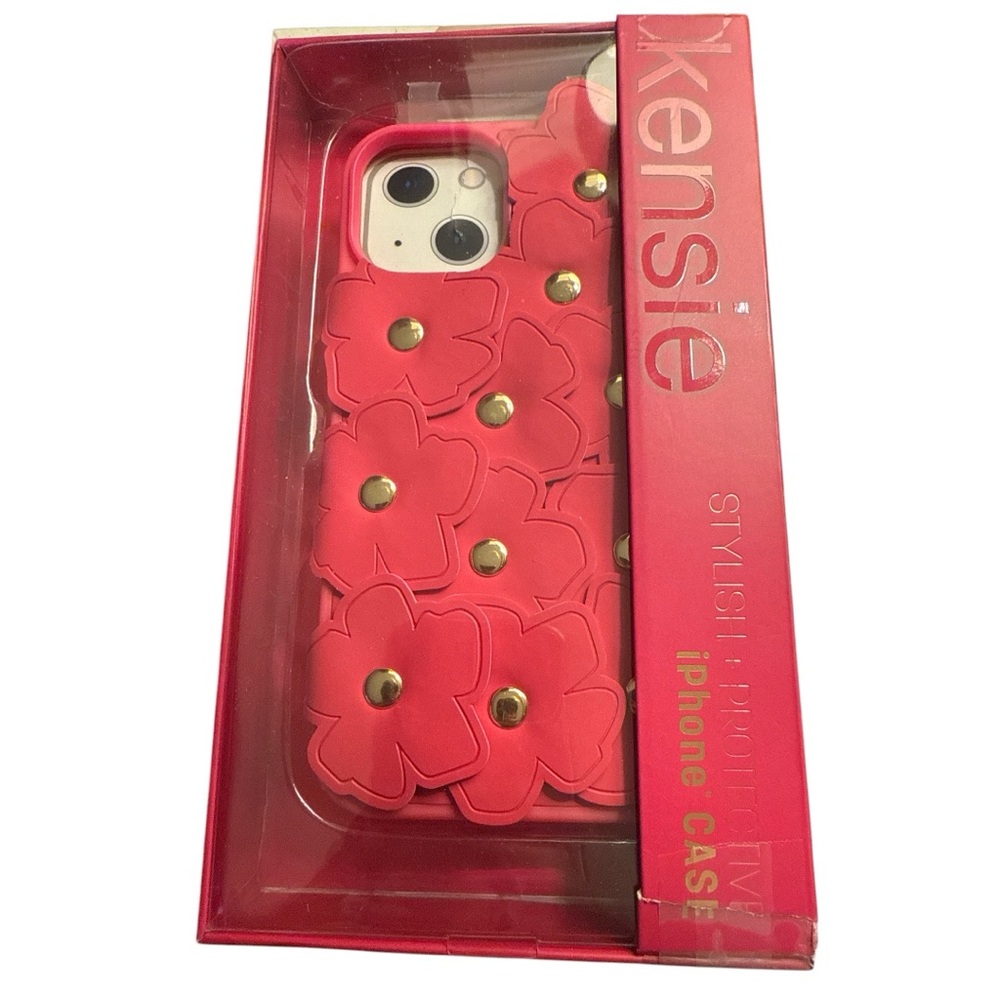 Kensie Leather Flower iPhone 15/14/13 Case Barbie Pink Gold Studs